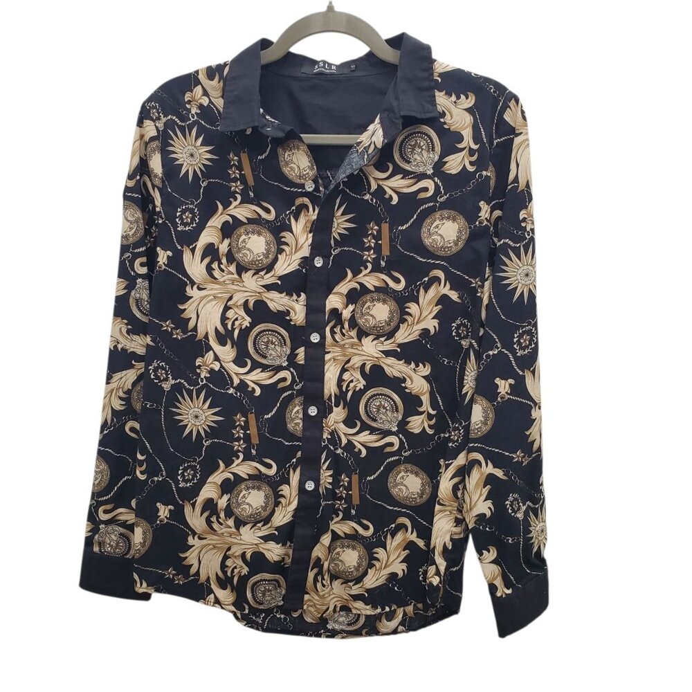 SSLR Men's Collection Black Fancy Western Print Cotton Long‎ Sleeve Button Up S